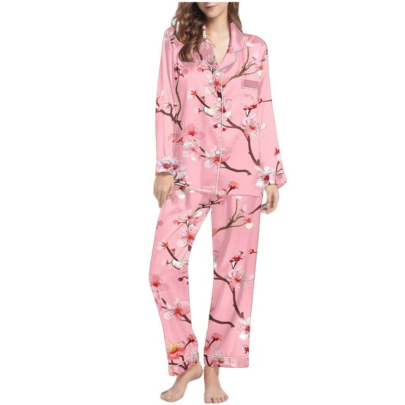 Pajama for Women 2 Piece Long Sleeve Sleepwear Loungewear Cute Graphic Button Down Pjs Sets Fall Cotton Lounge Outfits (Pink M)