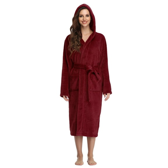 PajamaX Hooded Womens Robe, Long Plush Robes for Women, Two Side Pockets and Belts, Warm and Cozy (M, Burgundy)
