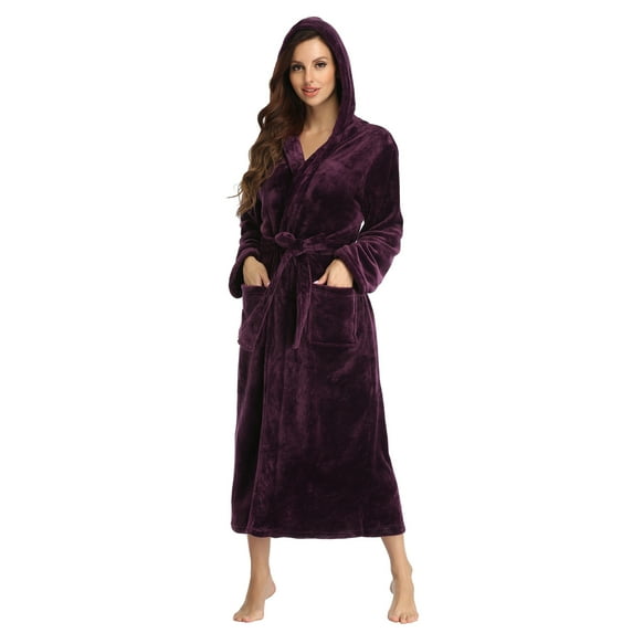 PajamaX Hooded Womens Robe, Long Plush Robes for Women, Two Side Pockets and Belts, Warm and Cozy (M, Dark Purple)