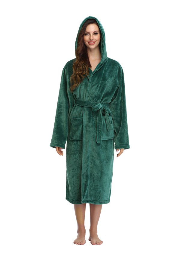 Hooded Womens Robe, Long Plush Robes for Women, Two Side Pockets and Belts, Warm and Cozy (M, Green)