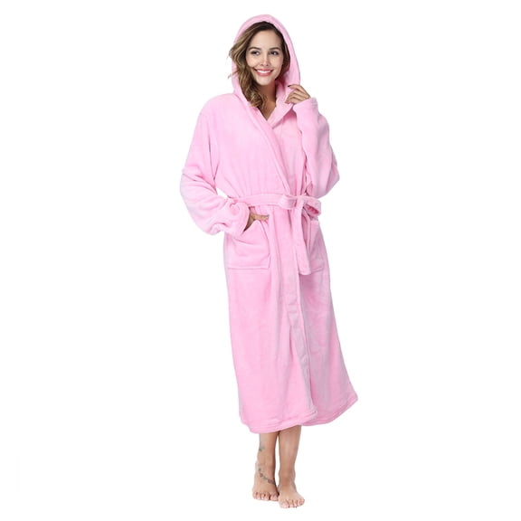 PajamaX Hooded Womens Robe, Long Plush Robes for Women, Two Side Pockets and Belts, Warm and Cozy (XL, Pink)