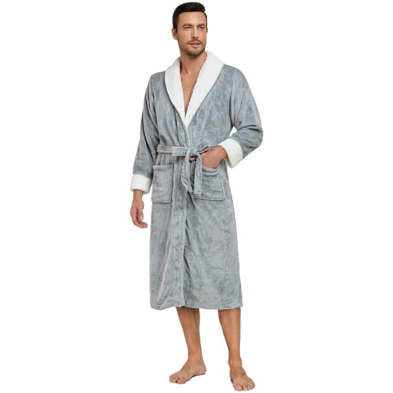 PajamaX Luxurious Mens Shawl Collar Plush Fleece Bathrobe Cozy Warm Bathrobe Long Robe With Pockets (2XL, Grey)