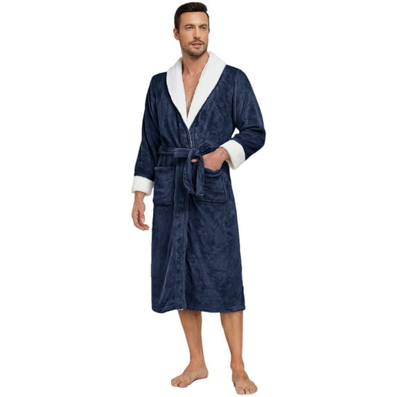 PajamaX Luxurious Mens Shawl Collar Plush Fleece Bathrobe Cozy Warm Bathrobe Long Robe With Pockets (2XL, Navy)