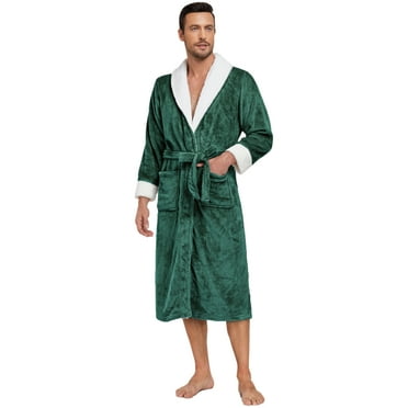 PajamaX Luxurious Mens Shawl Collar Plush Fleece Bathrobe Cozy Warm Bathrobe Long Robe With Pockets (M, Green)