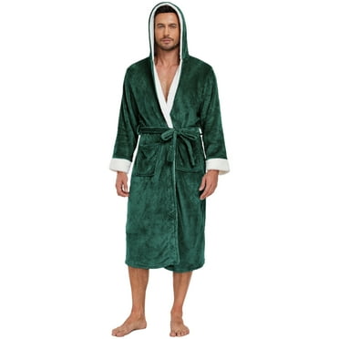 PajamaX Mens Hooded Fleece Bathrobe Soft Plush Long Robe for Men with Belt & 2 Pockets (S, Green)