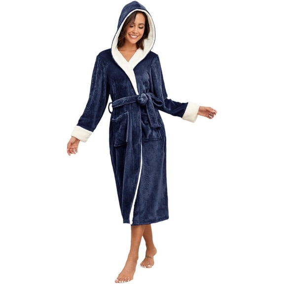 PajamaX Women's Fleece Hooded Bathrobe Soft Plush Long Spa Robe Lightweight Fluffy Cozy Shower Bathrobe(M, Navy)