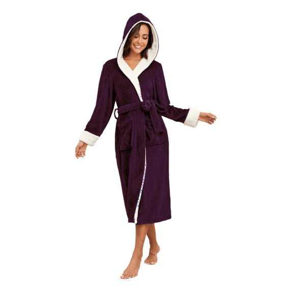 PajamaX Women's Fleece Hooded Bathrobe Soft Plush Long Spa Robe Lightweight Fluffy Cozy Shower Bathrobe (XL, Dark Purple)