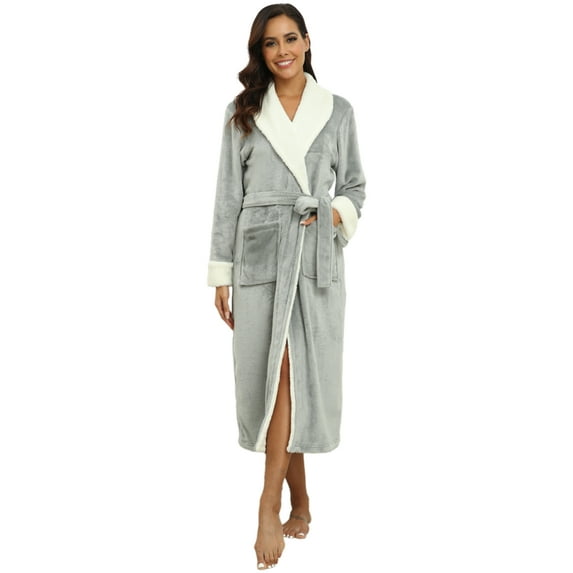 PajamaX Women's Fleece Shawl Collar Bathrobe Plush Soft Long Spa Robe Lightweight Fluffy Cozy Shower Bathrobe (2XL, Grey)