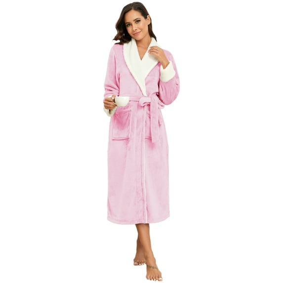 PajamaX Women's Fleece Shawl Collar Bathrobe Plush Soft Long Spa Robe Lightweight Fluffy Cozy Shower Bathrobe (M, Pink)