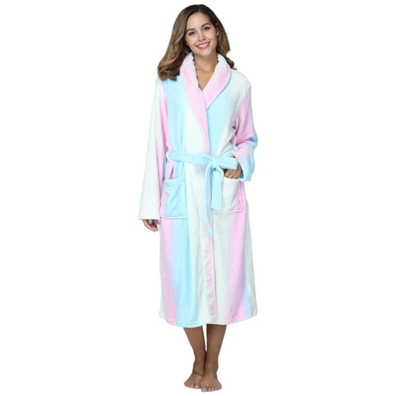 PajamaX Women's Long Fleece Robe with Shawl Collar, Side Pockets, Plush Warmth, Print Design (XL, rainbow)
