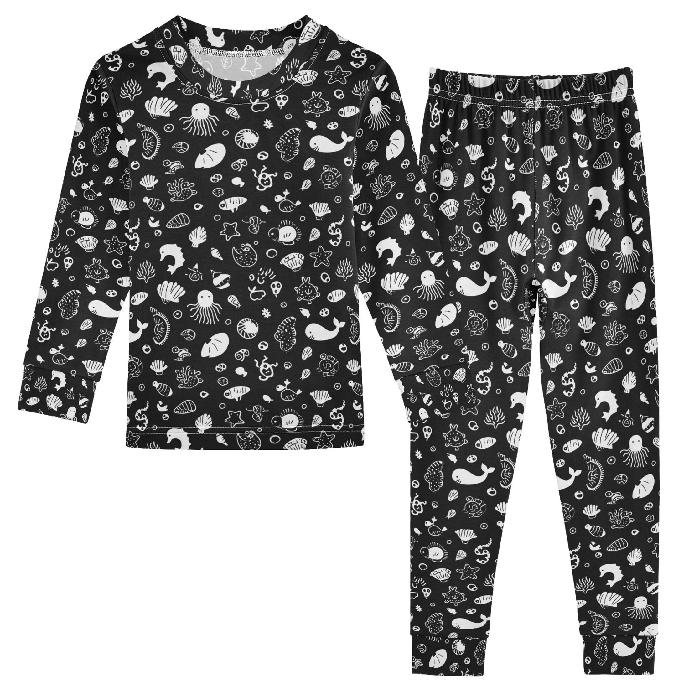 Pajamama Marine Life Black and White Cute Comfortable Cotton Two-piece ...
