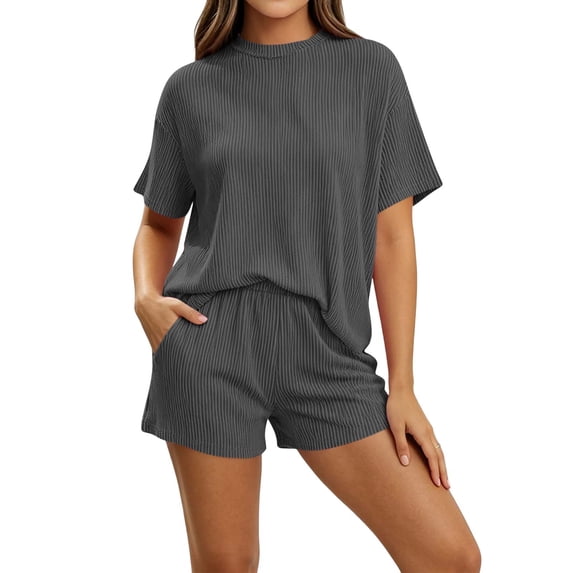 Pajamas 2 Piece Lounge Sets Ribbed Knit Matching Outfits T-shirt Biker Shorts Sleepwear Loungewear Sweatsuits Dark Gray M(M)