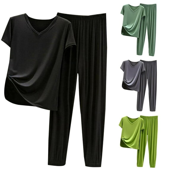 Pajamas pstuiky Pajamas for Women Set, Women Solid Color Round Neck Short Sleeve Top and Elastic Waist Trousers Pajamas Set Home Wear Set Leisure Khaki M