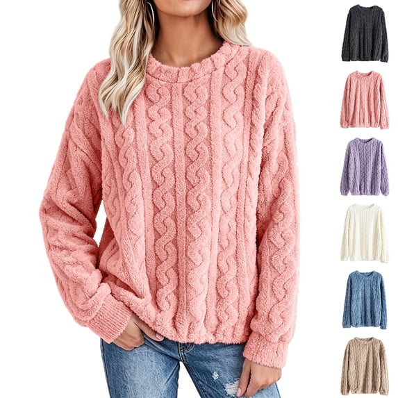 Pajamas Dqueduo Women's Thick Fleece Cable Knit Long Sleeve Top – Cozy Winter Homewear Pink Free Size