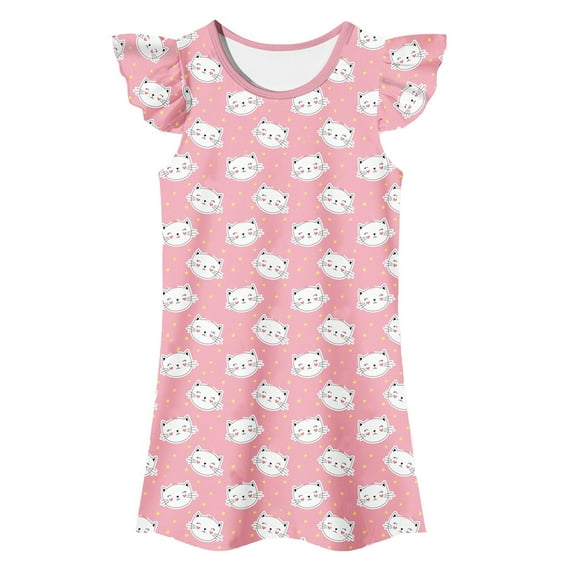 Pajamas Dress Toddler Girls Nightgowns Sleepwear Cat Lounge Flutter Short Sleeves Outfit Night Gowns for Kids #Pink 4-5 Years