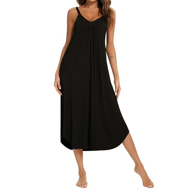 Pajamas Dresses for Women Strappy Cotton Sundress Solid Color Loungewear Sleeveless Midi Pjs Dress