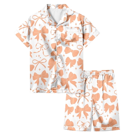 Pajamas For Girls Sets Girls' Bow Knot Printed Pajamas Short Sleeved Button Top Shorts Home Pajamas Set 2 Piece Satin Pajama Sets,4-5Y (Light Pink)