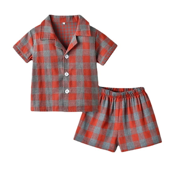 Pajamas For Kids Short Sleeve Plaid Button Down Classic Loungewear Shirt Shorts Two Pieces Set Boys' Sleepwear Coffee 100(18 Months-24 Months)
