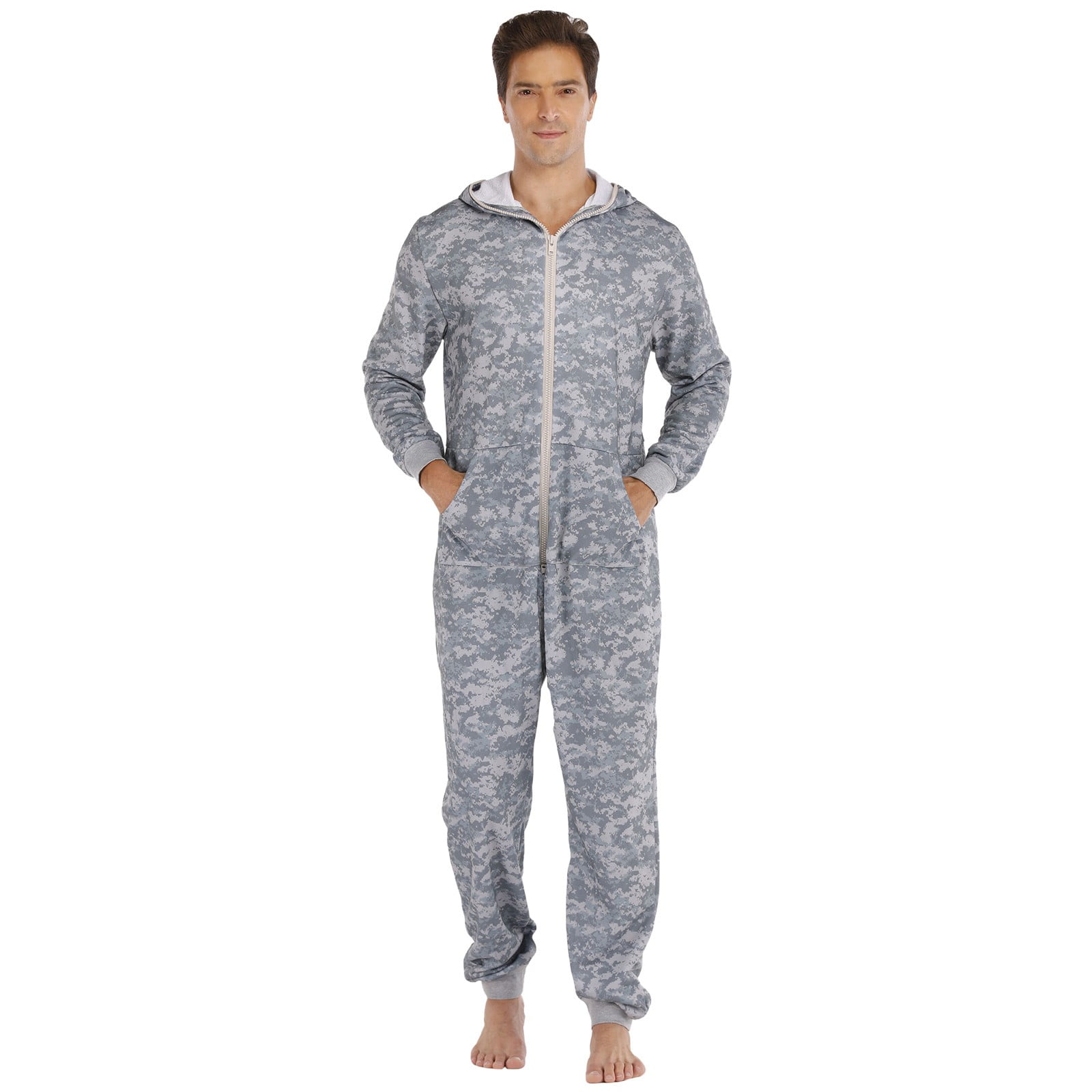 BJUTIR Pajamas For Men Long Sleeve Soild Color Printed Jumpsuit Zipper ...