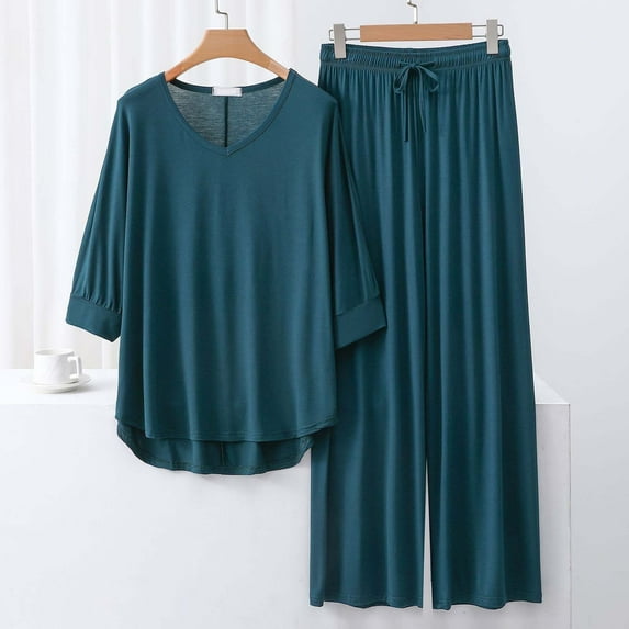 Pajamas For Women Hxshgdsn Women's 2Pc V-Neck Pajama Set，Summer Solid Color 3/4 Sleeve T-Shirt & Lace-Up Wide Leg Pants Army Green Xl