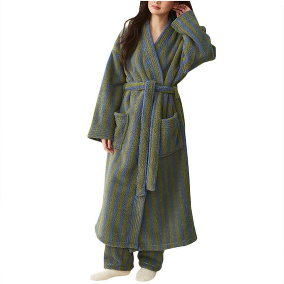 Pajamas For Women Hxshgdsn Women's Extended Pajama Set,Casual Long Sleeve Pocket Top & Bathrobe For Home Wear Green L