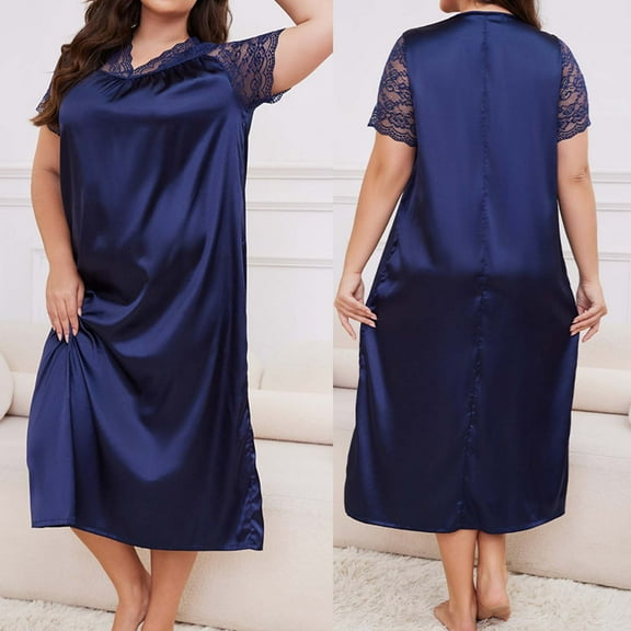 Pajamas For Women Hxshgdsn Women's Plus Size Ice Silk Nightdress，Loose Casual Solid Color Short Sleeve With Lace Stitching For Home Navy Xl