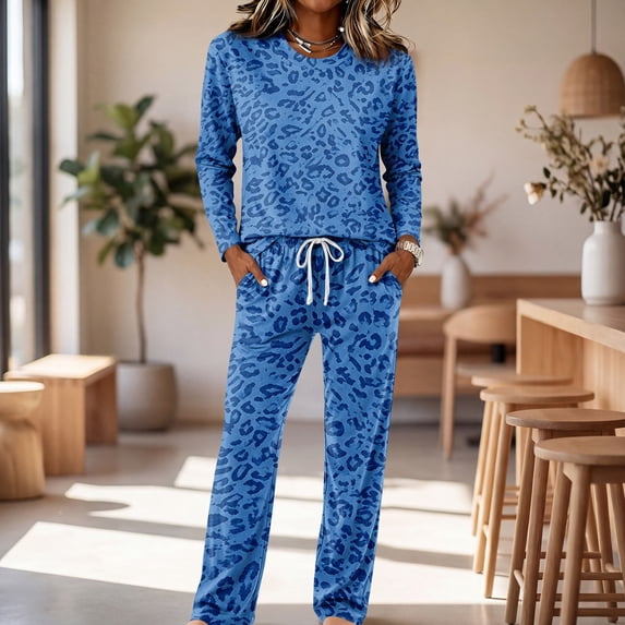 Pajamas For Women Leopard Print Loungewear Set Crew Neck Long Sleeve Top And Drawstring Wide Leg Pants Two Piece Pajama Set