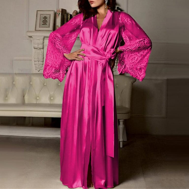 Pajamas For Women Plus Size Jioakfa Women Satin Long Nightdress Silk Lace  Lingerie Nightgown Sleepwear Robe Hot Pink M