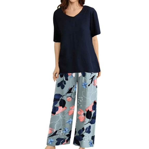 Pajamas For Women Set 2 Piece T Shirt Wide Leg Pants Set Of Silk Home Wear Sleepwear Loungewear Nightwear Nightclothes Homewear