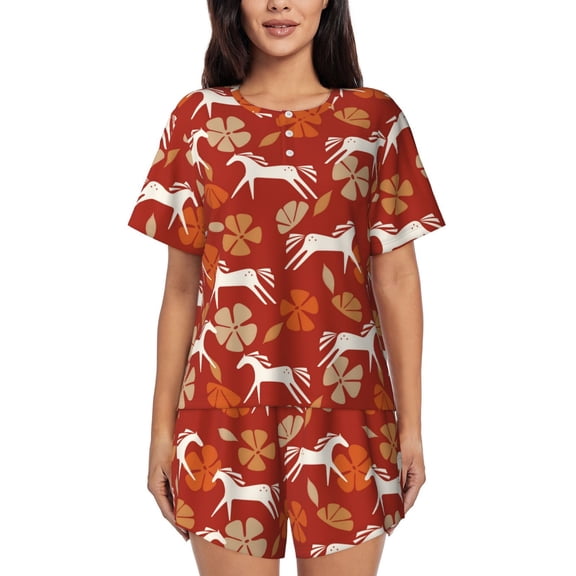 Pajamas For Women Set, Abstract Cartoon Horse Flower_A Pj Lounge Sets For Women 2 Piece, Soft Short Sleeve Sleepwear