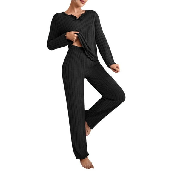 Pajamas For Women Set Christmas Ribbed Sets For Women Pullover V Neck Long Sleeve Sleepwear Matching Comfy Long Pants Outfits Pajama Set