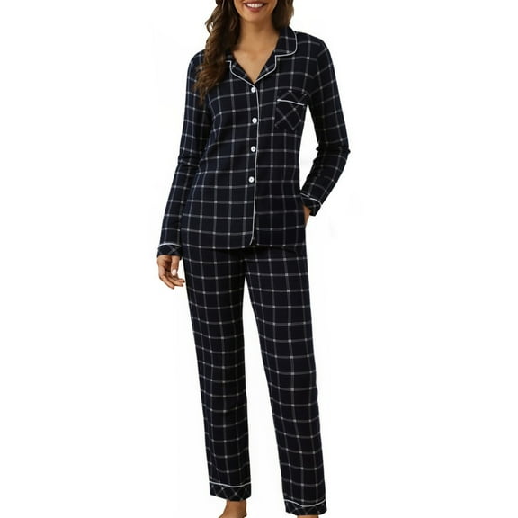 Pajamas For Women Set Cozy Pajama Long Sleeve Cardigan Plaid Fall Winter Home Sleepwear Loungewear Nightwear Nightclothes Homewear