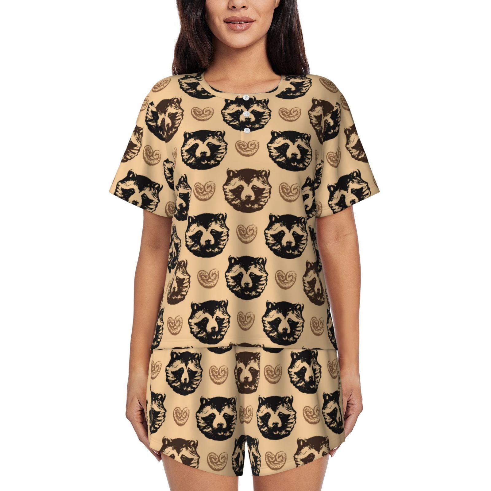 Pink Raccon Pj Pajamas For Women Set, Cute Raccoon Love Pj Lounge Sets For Women 2 ...