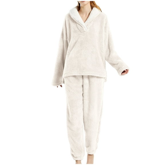 Pajamas For Women Set Flannel Hooded -Fleece Winter Soft Warm Womens Pajama Sets,Beige,M