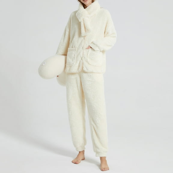 Pajamas For Women Set Flannel Hooded -Fleece Winter Soft Warm Womens Pajama Sets,Beige,M