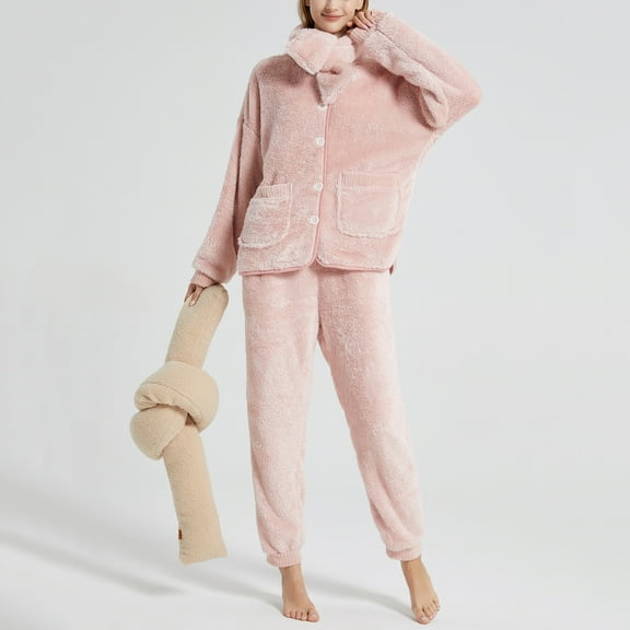 Pajamas For Women Set Flannel Hooded -Fleece Winter Soft Warm Womens Pajama Sets,Pink,L
