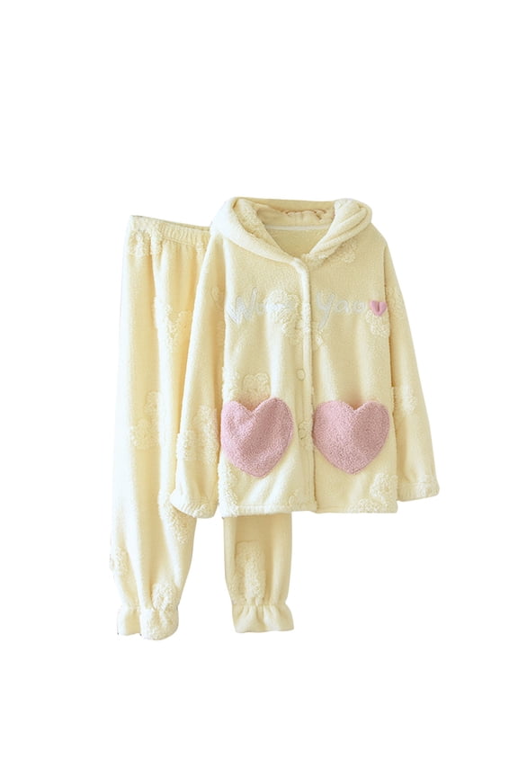 Pajamas For Women Set Flannel Hooded -Fleece Winter Soft Warm Womens Pajama Sets,Yellow,XL