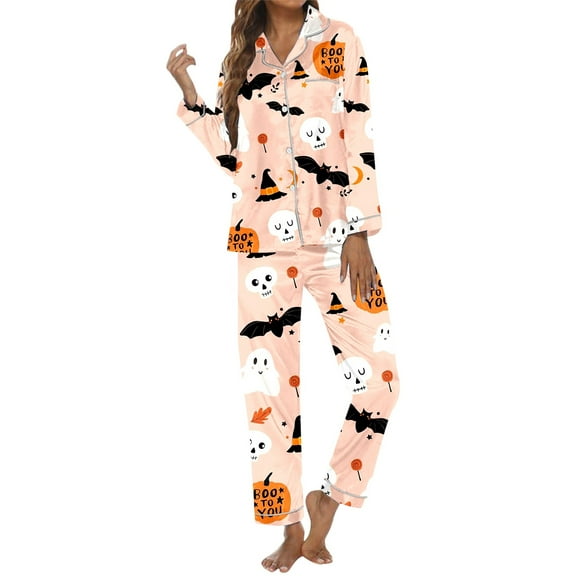 Pajamas For Women Set Halloween Print Button Down Collar Long Sleeve Set Home Sleepwear Loungewear Nightwear Nightclothes Homewear