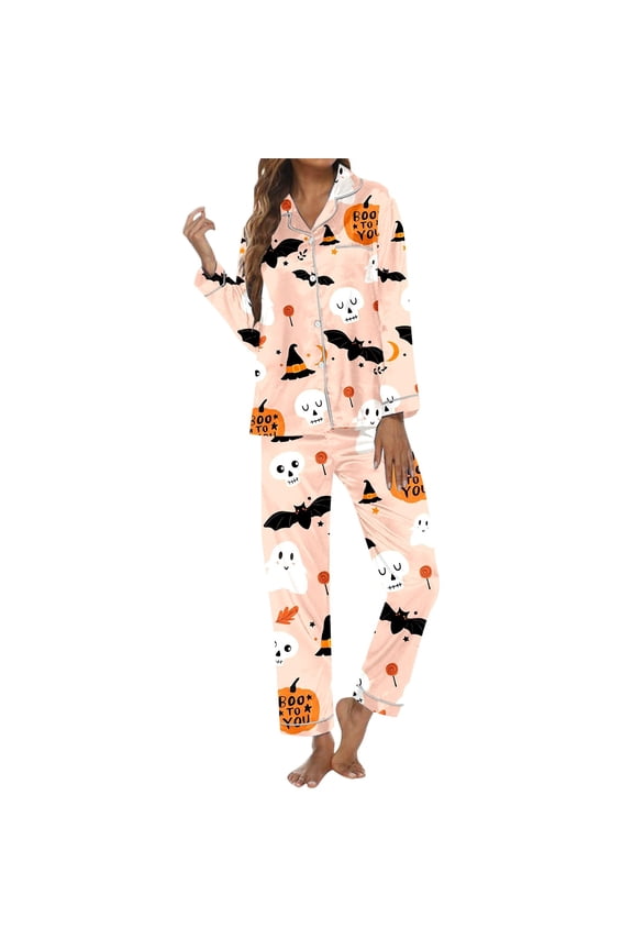 Pajamas For Women Set Halloween Print Button Down Collar Long Sleeve Set Home Sleepwear Loungewear Nightwear Nightclothes Homewear