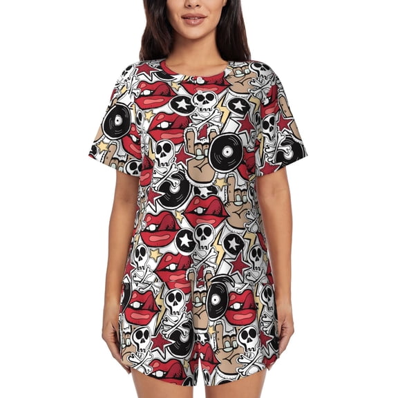 Pajamas For Women Set, Lip Skull Pj Lounge Sets For Women 2 Piece, Soft Short Sleeve Sleepwear