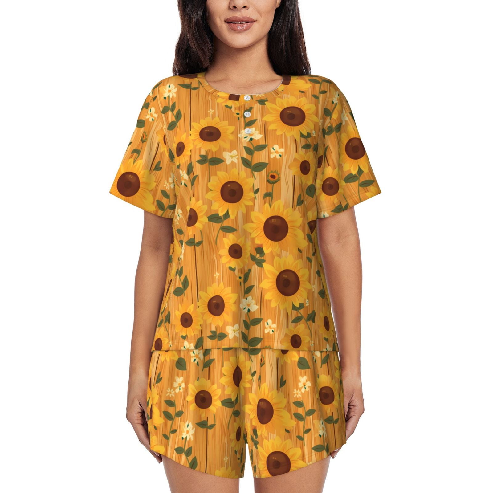 Pajamas For Women Set, Modern Wood Grain Sunflower Pj Lounge Sets For ...