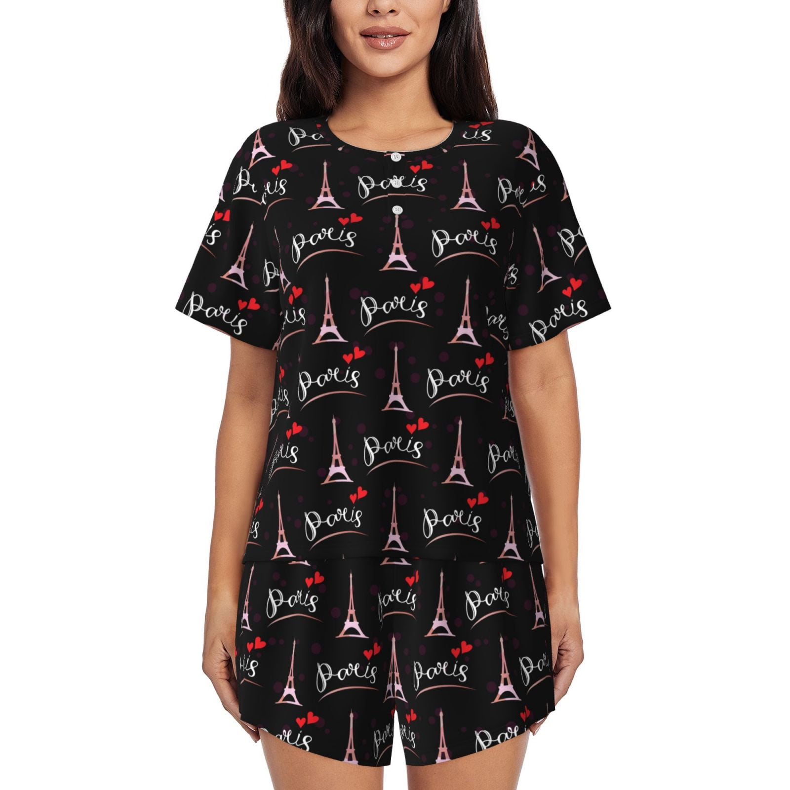 Fustylead Women's Paris Eiffel Tower Pajama Set – Short Sleeve Sleepwear With Pockets, Black, Small (95% Polyester, 5% Spandex) - View #3