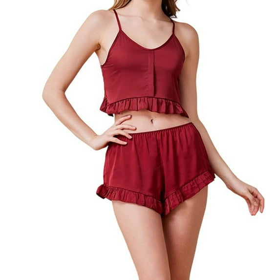 Pajamas For Women Set Sevevn Satin Pajama Set for Women Silk Pjs for Women Set Camisole Top and Shorts with Ruffle Sleepwear
