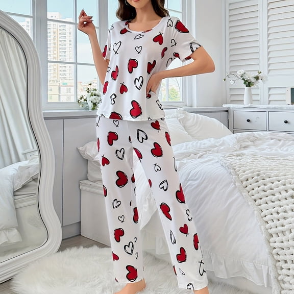 Pajamas For Women Set Valentines Day Heart Graphics Short Sleeve Casual Loose Cozy Cardigan Sleepwear Soft 2 Piece Outfits Loungewear Sets White L