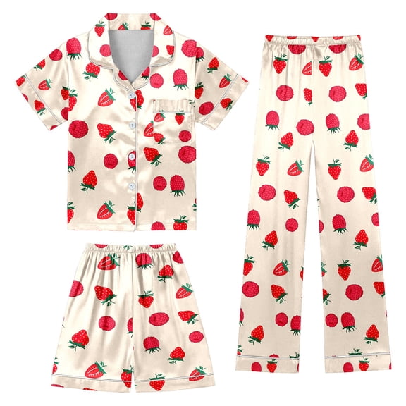 Pajamas for Girls 3pcs Button Down Pjs Short Sleeve Long Pants with Shorts Cute Cartoon Valentine's Day Pajama Outfit with Pockets Silky Nightwear 3 Piece Sleepwear