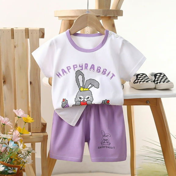 Pajamas for Girls Kids Toddler Girls Summer Cartoon Bear Rabbit Lion Prints Cotton Breathable Casual Pajamas Set Kids Pajamas Purple 6 Months-9 Months