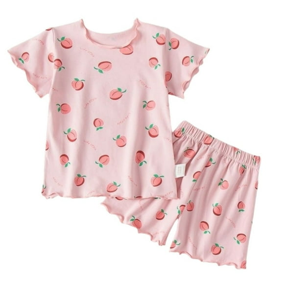 Pajamas for Girls Toddler Kids Girl Summer Wooden Ear Edge Strawberry Print Short Sleeve Top Shorts 2 Piece Pajama Set Kids' Pajamas Pink 4 Years-5 Years