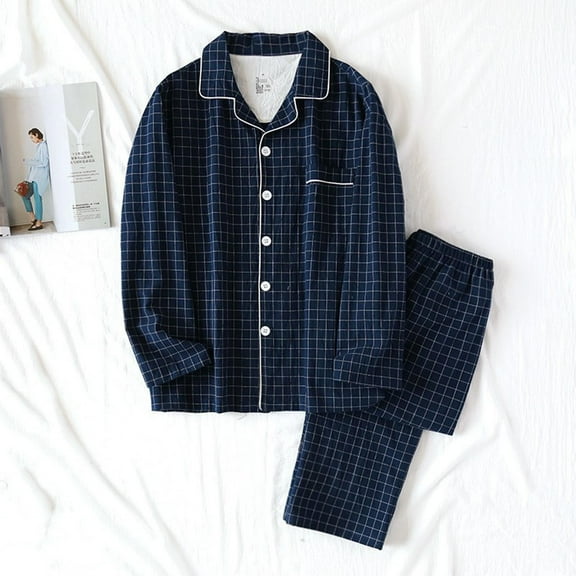 Pajamas for Men 2 Pack Sets Long Sleeve Button-Down Shirts and Pants Loungewear Set Mens Casual Plaid Homewear Sleepwear Outfits with Pocket