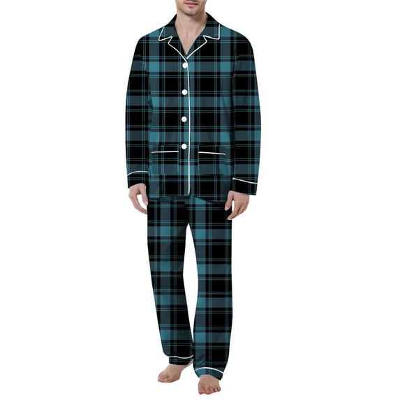 Pajamas for Men Set Leisure Comfortable Long Sleeve Collared Button Top And Loose Pants Sleep Pajama Solid Color Lightweight Sleepwear Loungewear with Pockets