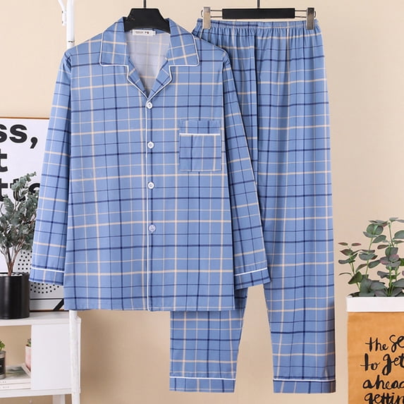 Pajamas for Men Set Plaid Home Wear Cardigan Long Sleeve Collared Top And Loose Pants Sleep Pajama Loungewear Sleepwear 2 Piece Pj with Pockets Light Blue XL